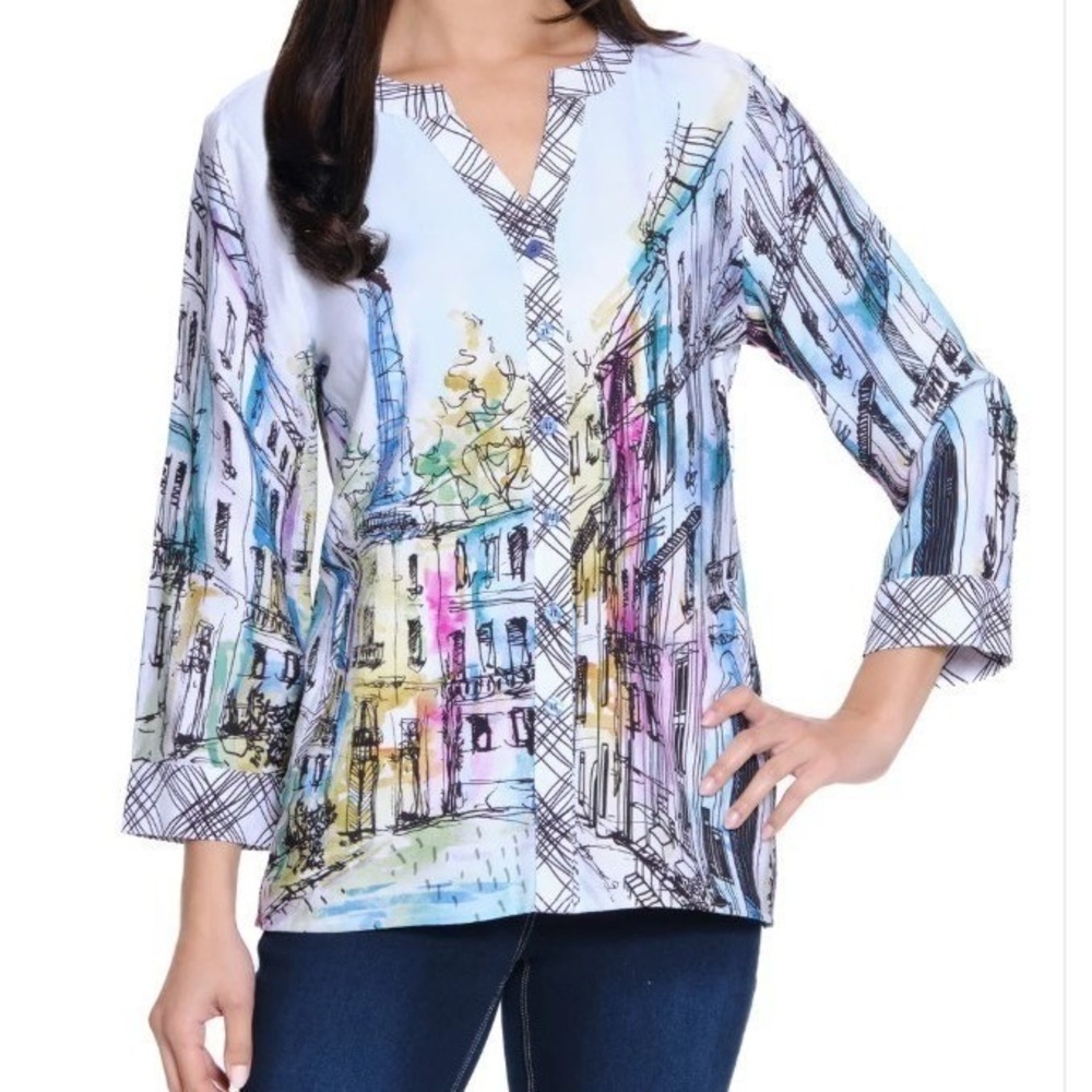 Ali Miles Size 1X Paris French White City‎ Print Blouse Tunic Top NWT
